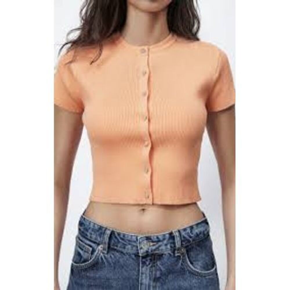 Zara Knit Cardigan Top Rhinestone Button Short Sleeve‎ Cropped Peach S